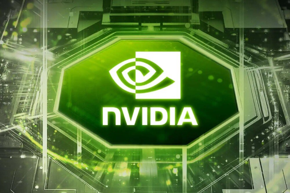 Komputer MSI MEG Vision X AI 2NVZ9-003EU Zielone logo 'NVIDIA' na tle z motywem elektronicznym i świetlistymi liniami, karta graficzna, technologie