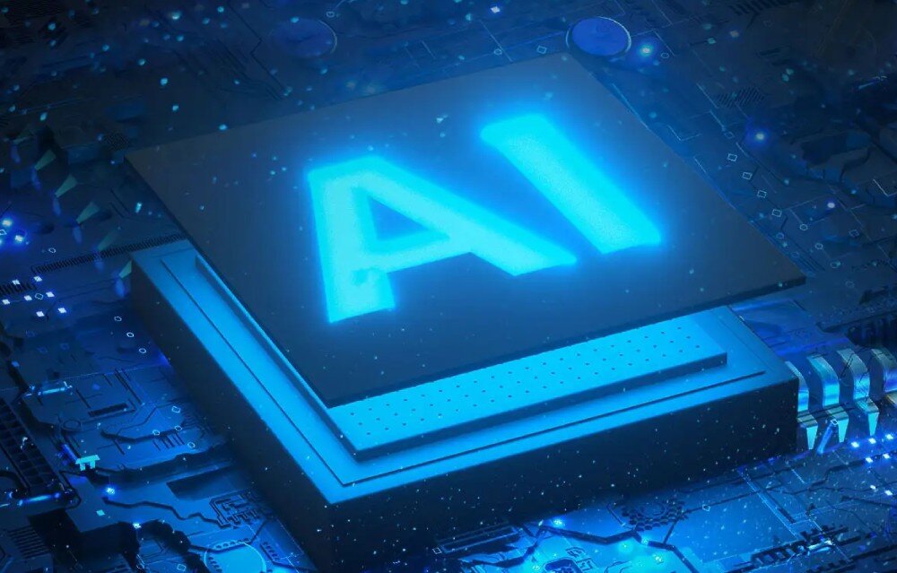 Komputer MSI MEG Vision X AI 2NVZ9-003EU Podświetlony na niebiesko układ scalony z dużym napisem 'AI', procesor, jednostka NPU, wydajność