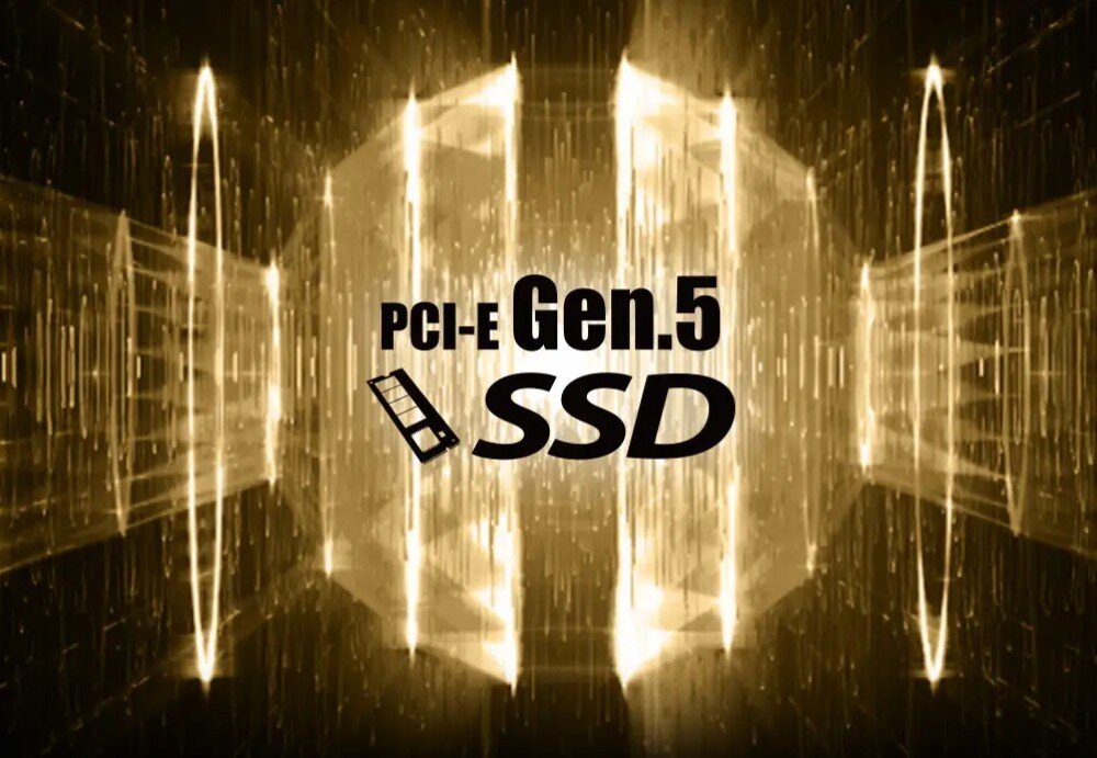 Komputer MSI MEG Vision X AI 2NVZ9-003EU Złoty napis 'PCI-E Gen.5 SSD' na tle rozświetlonych struktur przypominających tunel światła, dysk, pojemność, prędkość