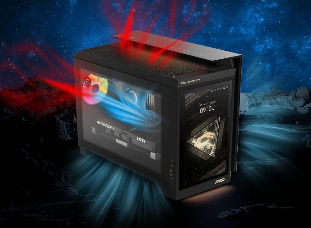 Komputer MSI MEG Vision X AI 2NVZ9-003EU Komputer z widocznym przepływem powietrza oznaczonym czerwonymi i niebieskimi strzałkami na tle nocnego nieba, system chłodzenia, wentylacja