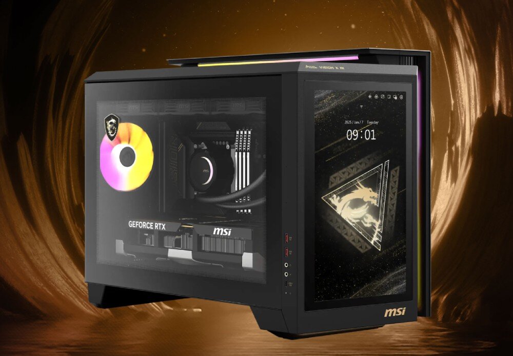 Komputer MSI MEG Vision X AI 2NVZ9-003EU Komputer z bocznym oknem ukazującym wnętrze z podświetlonym wentylatorem i kartą graficzną, wygląd, obudowa, podświetlenie