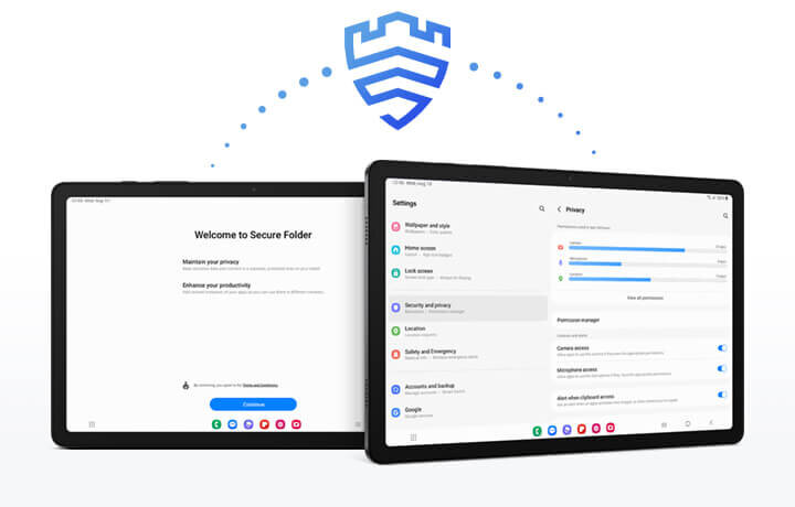 Można zobaczyć dwa urządzenia Galaxy Tab A9 Plus. Galaxy Tab A9 Plus po prawej jest lekko przechylony. Galaxy Tab A9 Plus po lewej wyświetla ekran Bezpieczny folder, a Galaxy Tab A9 Plus po prawej wyświetla ekran Pulpit prywatności. Nad urządzeniami znajduje się przerywana linia łącząca urządzenia, z ikoną tarczy pośrodku, która wskazuje funkcje bezpieczeństwa.