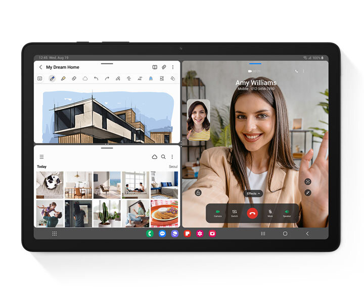 Galaxy Tab A9+ można zobaczyć z ekranem podzielonym na trzy części, aby wskazać funkcję wielu okien. Na ekranie znajdują się aplikacje Samsung Note, Galeria i funkcja połączeń wideo.