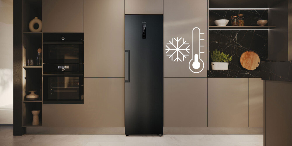 ZAMRAŻARKA HAIER H4F306DDH1R front zamknięta uchwyt wyświetlacz zabudowa piekarnik tło ikona grafika praca do -15 stopni