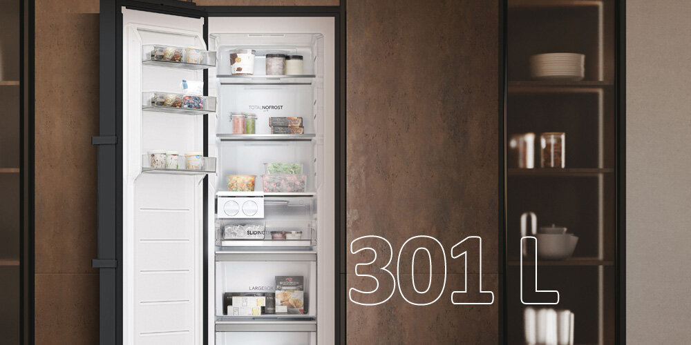 ZAMRAŻARKA HAIER H4F306DDH1L otwarta front półki szuflady produkty spożywcze pełna infografika Imponująca pojemność 306 litrów dużo miejsca na mrożonki