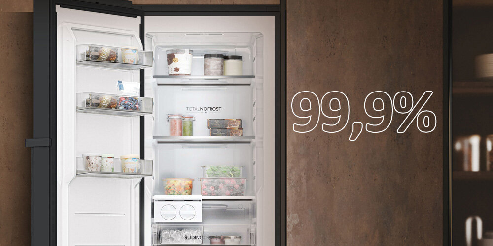 ZAMRAŻARKA HAIER H4F306DDH1L otwarta pełna produkty infografika szuflada balkoniki usuwanie bakterii system ABT Pro ochrona żywności nie tworząc zanieczyszczeń