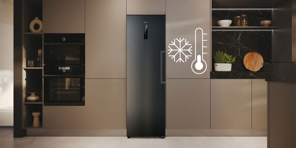 ZAMRAŻARKA HAIER H4F306DDH1L front zamknięta uchwyt wyświetlacz zabudowa piekarnik tło ikona grafika praca do -15 stopni