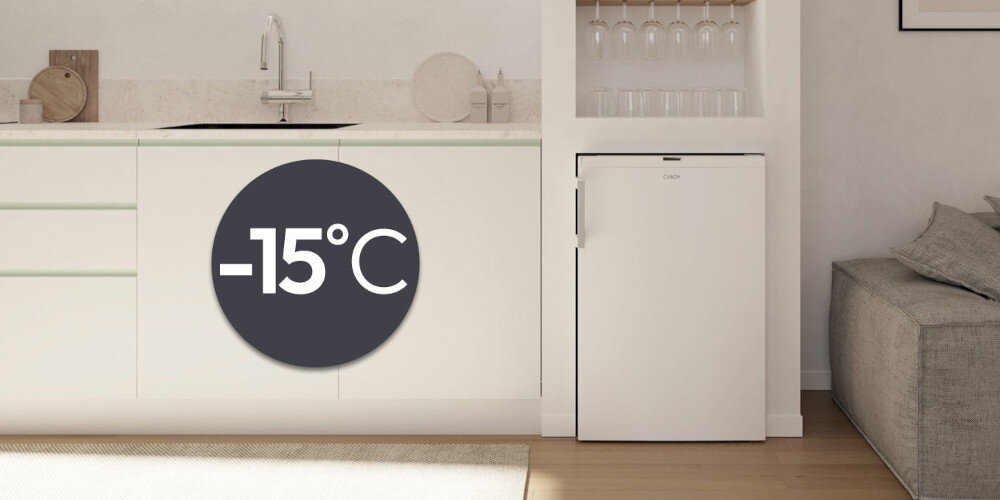 ZAMRAŻARKA CANDY CNUQ2L58EWH wizualizacja ikona kuchnia zabudowa zamknieta kolor biały front dekoracje Efektywna praca w każdych warunkach do -15°C