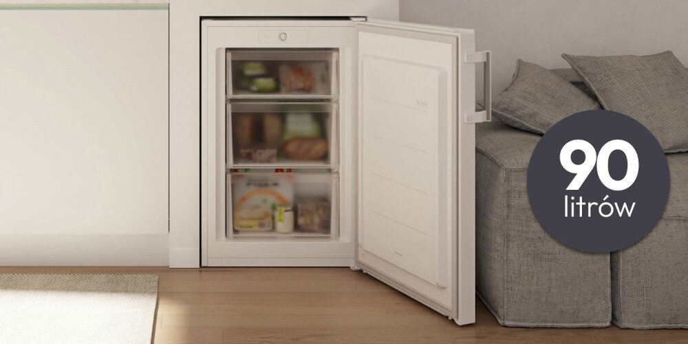 ZAMRAŻARKA CANDY CNUQ2L58EWH wizualizacja otwarta front wnętrze szuflady wyposażenie kuchnia krzesło szafki dekoracje ikona pojemność 90 litrów kompaktowe wymiary 86 cm x 54,5 cm x 57 cm
