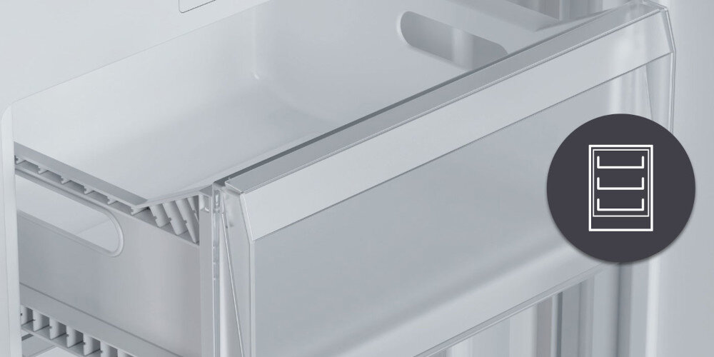 ZAMRAŻARKA CANDY CNUQ2L58EWH wizualizacja ikona wnętrze trzy pojemne szuflady przezroczyste białe organizacja wygoda bez wahań temperatury