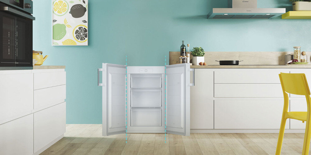 ZAMRAŻARKA CANDY CNUQ2L58EWH wizualizacja otwarta dwie strony drzwi ikona obustronny montaż drzwi zmiana kierunku lewo prawo dopasowanie