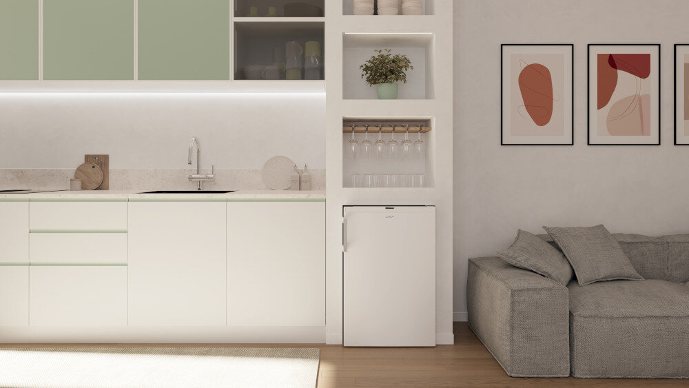 ZAMRAŻARKA CANDY CNUQ2L58EWH wizualizacja zamknieta kolor biały półki szafki dekoracje naczynia szkło ikona kuchnia salon 