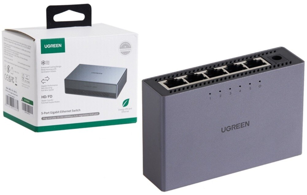 Switch UGREEN CM633 Zestawienie produktu obok jego biało-zielonego opakowania kartonowego, na którym widnieje ilustracja urządzenia i napisy specyfikacji technicznej