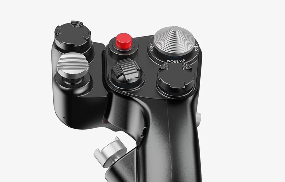 Drążek sterowy samolotu MOZA Flightstick MH16 Zbliżenie na górną głowicę drążka MOZA Flightstick, prezentujące teksturę i rozmieszczenie przełączników sterujących moduły, przyciski ALPS, personalizacja, oprogramowanie MOZA