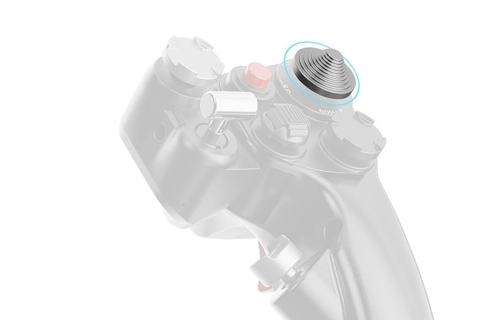 Drążek sterowy samolotu MOZA Flightstick MH16 Detal górnego panelu MOZA Flightstick z wyróżnionym srebrnym, stożkowym przełącznikiem typu hat switch plug-and-play, szybka instalacja, współpraca z bazami, łatwa obsługa