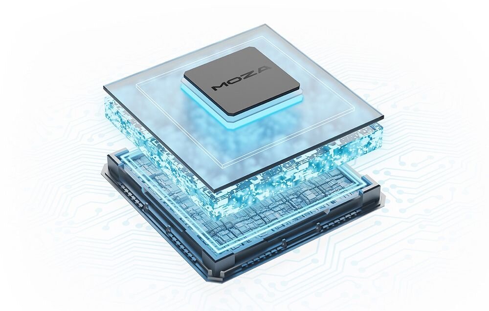 Baza na joystick MOZA Racing AB9 Force Feedback Przekrój procesora sterującego urządzeniem z logo MOZA personalizacja ustawień, profile lotu, plug-and-play, intensywność sił