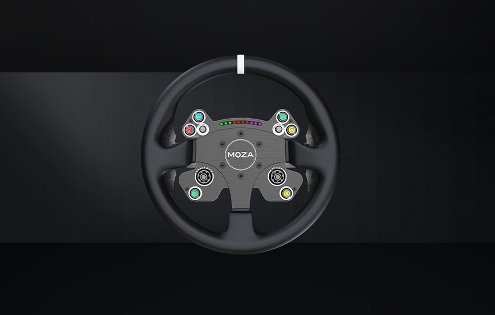 Kierownica MOZA Racing CS V2P (PC) Kierownica gamingowa Moza Racing CS V2P na ciemnym tle obręcz średnica solidna aluminiowa konstrukcja trwałość
