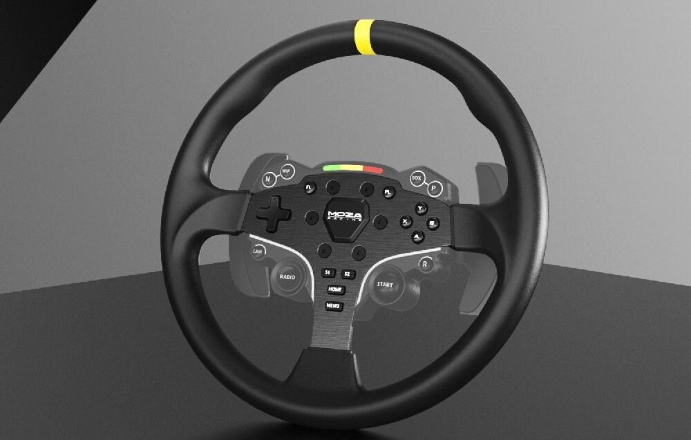 Obręcz kierownicy MOZA Racing ES RS046 Kierownica MOZA do symulatora wyścigowego, pokazana z przodu na szarym tle obręcz do driftu, mikrofibra skórzana, kontrola kierownicy, wytrzymałe aluminium