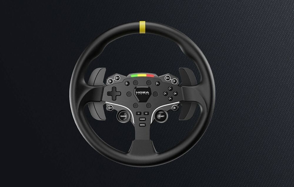 Obręcz kierownicy MOZA Racing ES RS046 Kierownica MOZA z przyciskami i łopatkami na ciemnym, teksturowanym tle rozmiar obręczy wczuć się w rolę kierowcy średnica 305 mm, realizm jazdy, symulator driftu, odwzorowanie ruchów