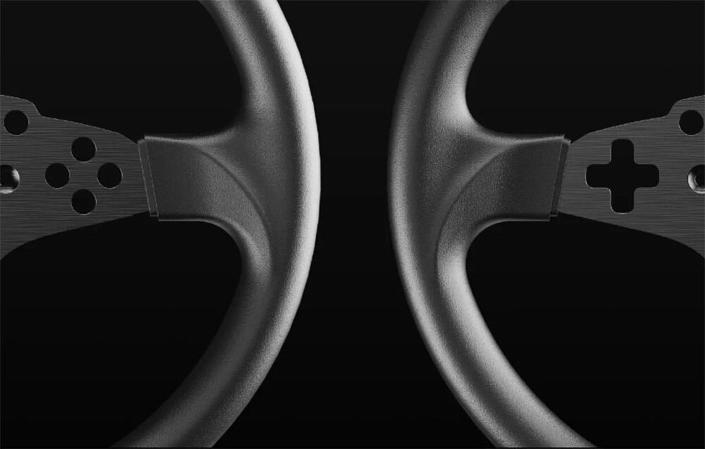 Obręcz kierownicy MOZA Racing ES RS046 Zbliżenie na dwa fragmenty kierownicy z widocznymi otworami montażowymi i przyciskiem w kształcie krzyżaka bezszwowe uchwyty, stop aluminium, przyczepność dłoni, ergonomia kierownicy