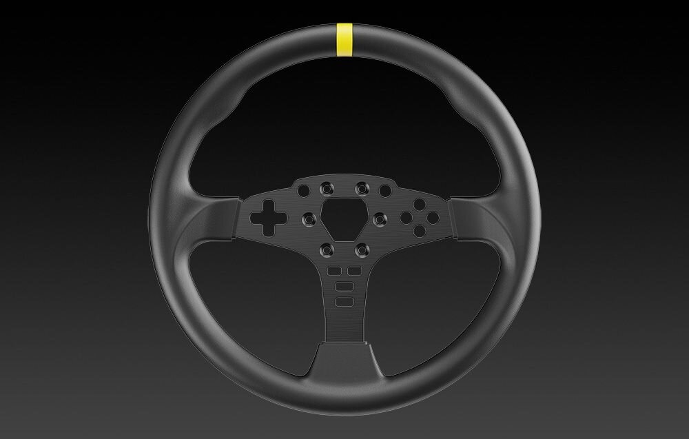Obręcz kierownicy MOZA Racing ES RS046 Kierownica MOZA bez przycisków pokazana centralnie z widocznymi otworami montażowymi na czarnym tle niska waga, dynamika reakcji, brak bezwładności, moduł przycisków
