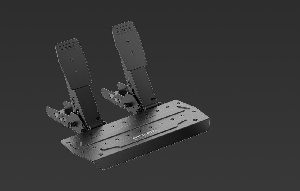 Kierownica MOZA Racing RS071 (PC) Pedały MOZA Racing na szarym tle trwała stal czujnik Halla dostosowanie rozstawu Pit House