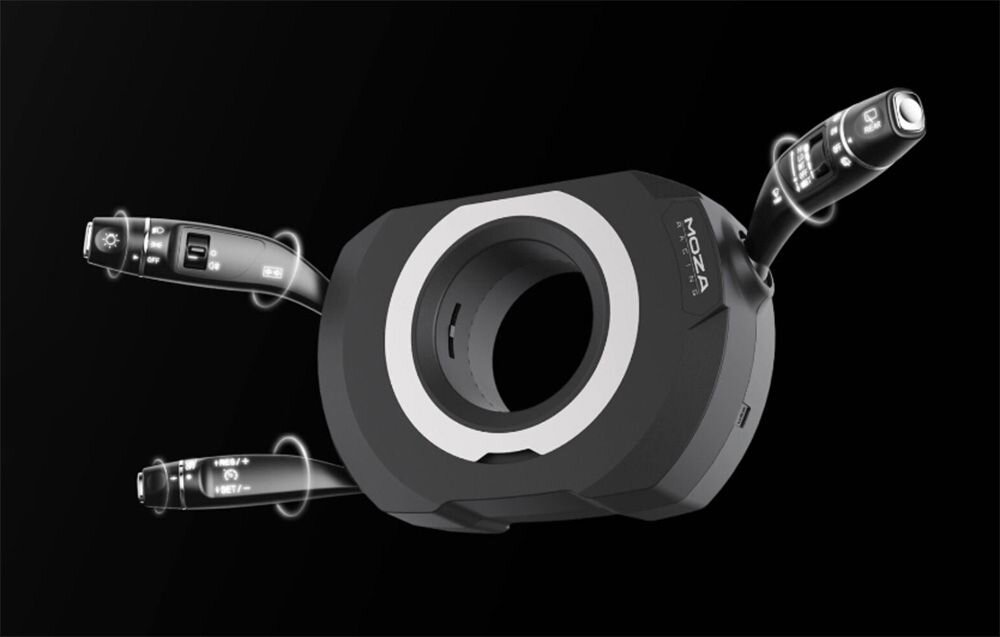 Manetki MOZA Racing RS065 Manetki wielofunkcyjne Moza Racing RS065 na czarnym tle programowalne przełączniki dopasowanie do indywidualnych preferencji różne typy gier