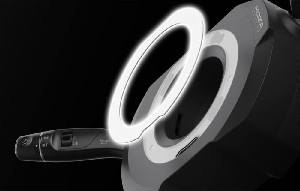 Manetki MOZA Racing RS065 Zbliżenie na manetki Moza z zaznaczonym miejscem na montaż kierownicy estetyczne wykończenie ukryta konstrukcja śrub pod magnetycznymi osłonami