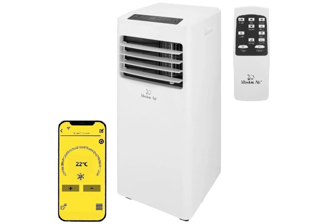 Klimatyzator MISSION AIR Cool Wi-Fi Sterowanie z każdego miejsca moduł WiFi przez darmową aplikację Mission Air czytelny panel dotykowy z wyświetlaczem LED pilot zdalnego sterowania Trzy sposoby sterowania zdjęcie na białym tle widoczny klimatyzator telefon z aplikacją i pilot