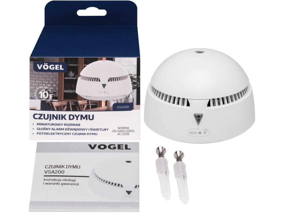 Czujnik dymu VÖGEL VSA200 Zestaw miniaturowego, fotoelektrycznego czujnika dymu VÖGEL VSA200. Zawartość: pudełko z informacjami (m.in. CZUJNIK DYMU, MINIATUROWY ROZMIAR, norma EN 14604), sam czujnik, instrukcja obsługi i dwa kołki montażowe.