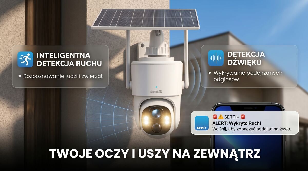Na ścianie budynku zamontowana jest biała kamera z panelem słonecznym. Osoba trzyma w ręku smartfon z aplikacją \'Setti\' i ikonami \'Google Play\' oraz \'App Store\'.