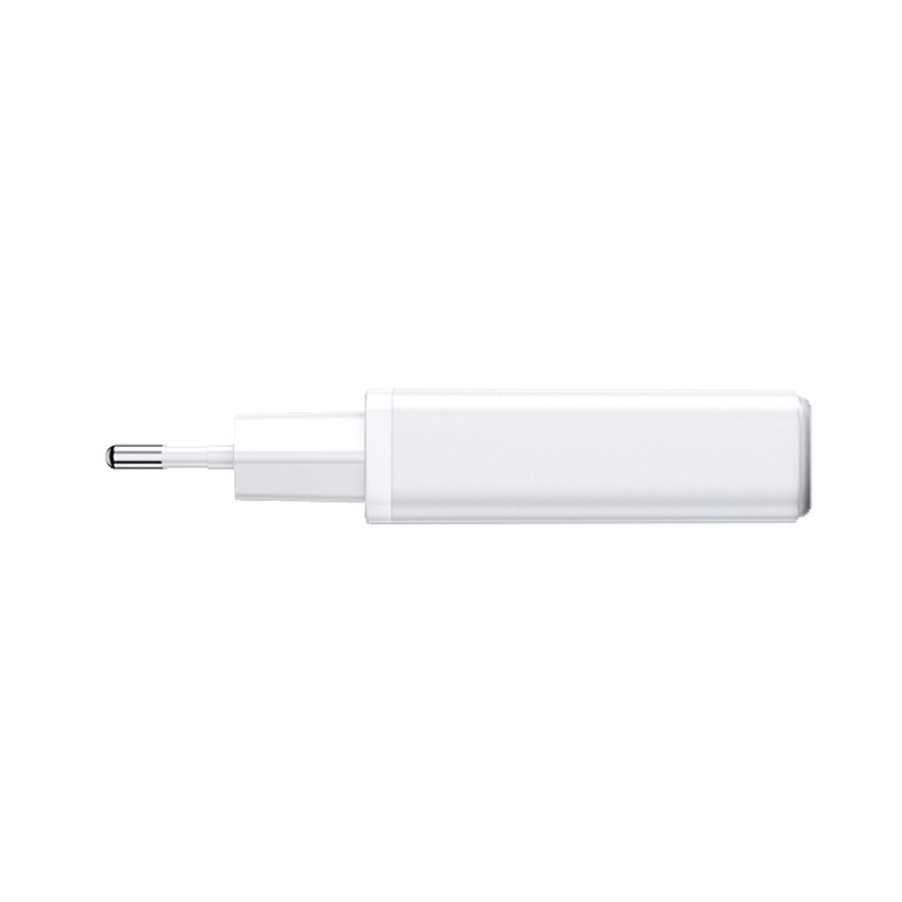Biała, prostokątna ładowarka USB z wtyczką sieciową. Produkt jest smukły i minimalistyczny w designie.