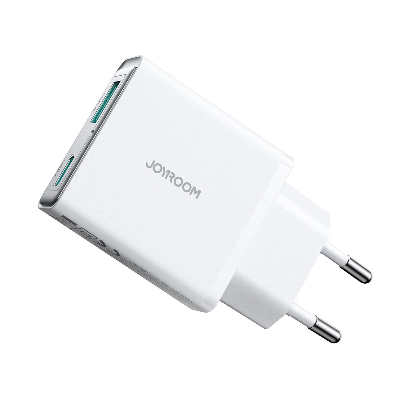 Biała ładowarka sieciowa z dwoma portami USB-C i logo \'JOYROOM\' na obudowie. Posiada dwa metalowe bolce do podłączenia do gniazdka elektrycznego.