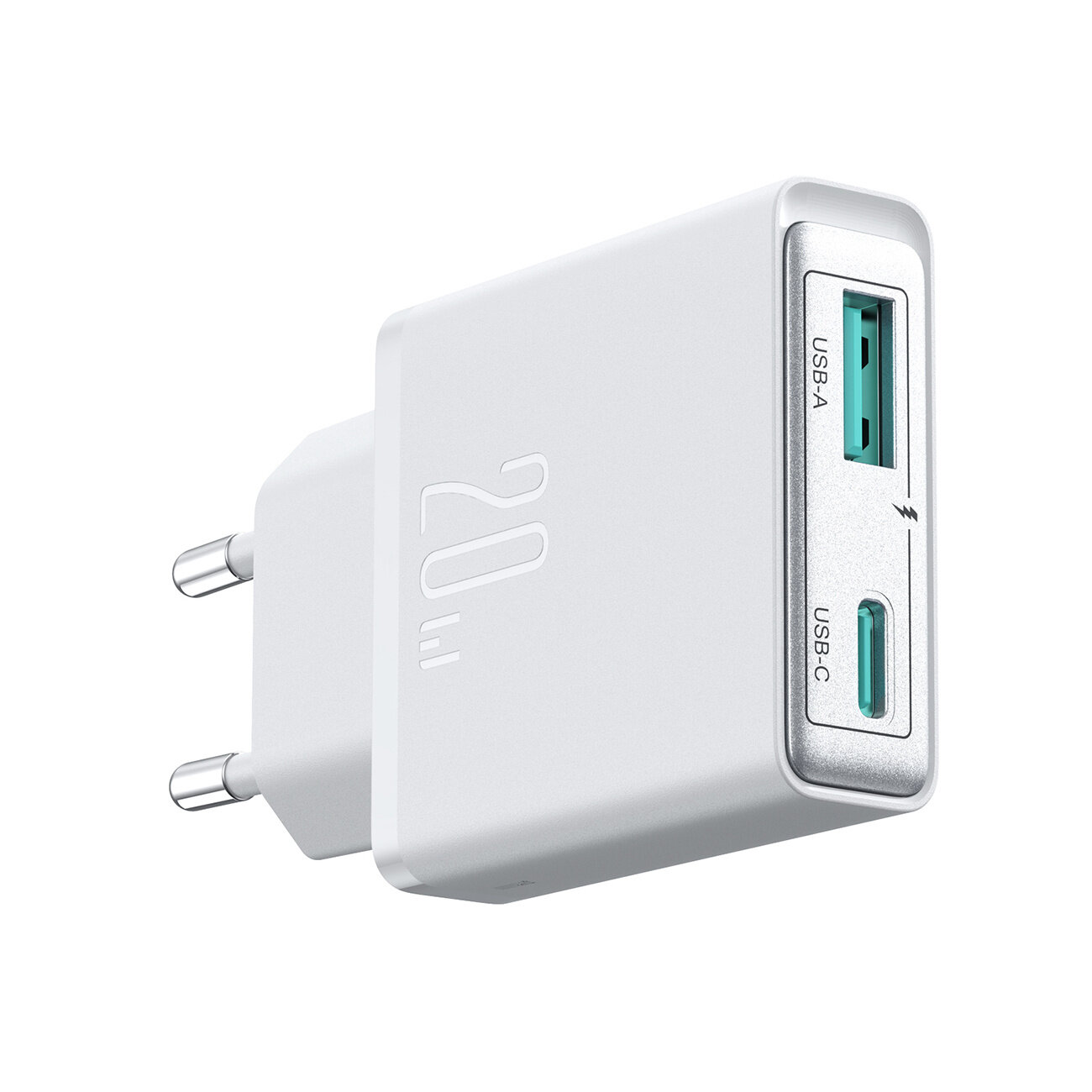 Biała ładowarka sieciowa z dwoma portami: USB-A i USB-C, z oznaczeniem \'20W\' na obudowie.