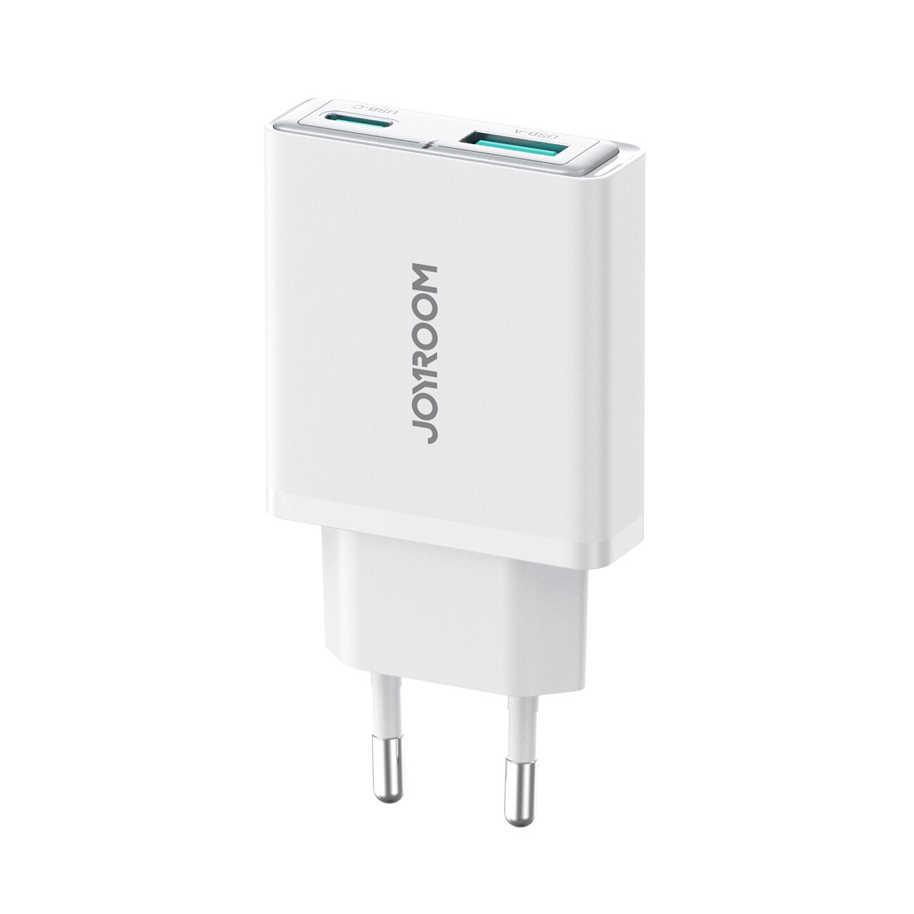 Biała ładowarka sieciowa z dwoma portami USB, na której widnieje napis \'JOYROOM\'.