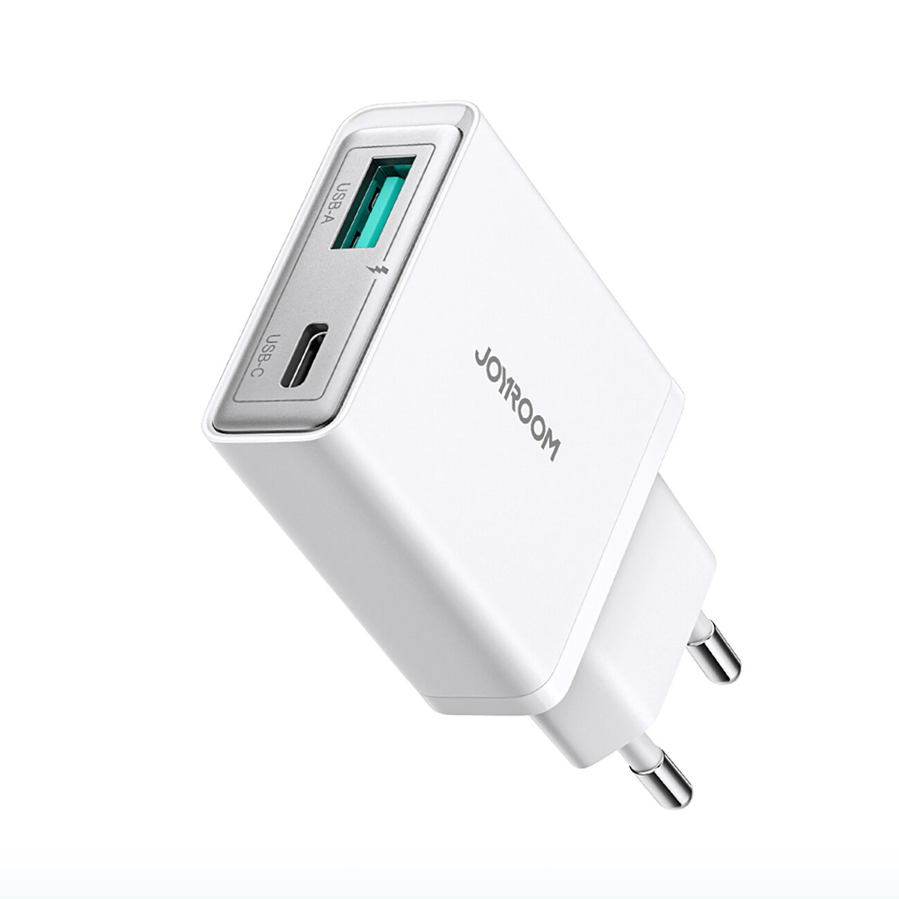 Biała ładowarka sieciowa z dwoma portami: USB-A i USB-C. Na obudowie widoczne jest logo \'JOYROOM\'.
