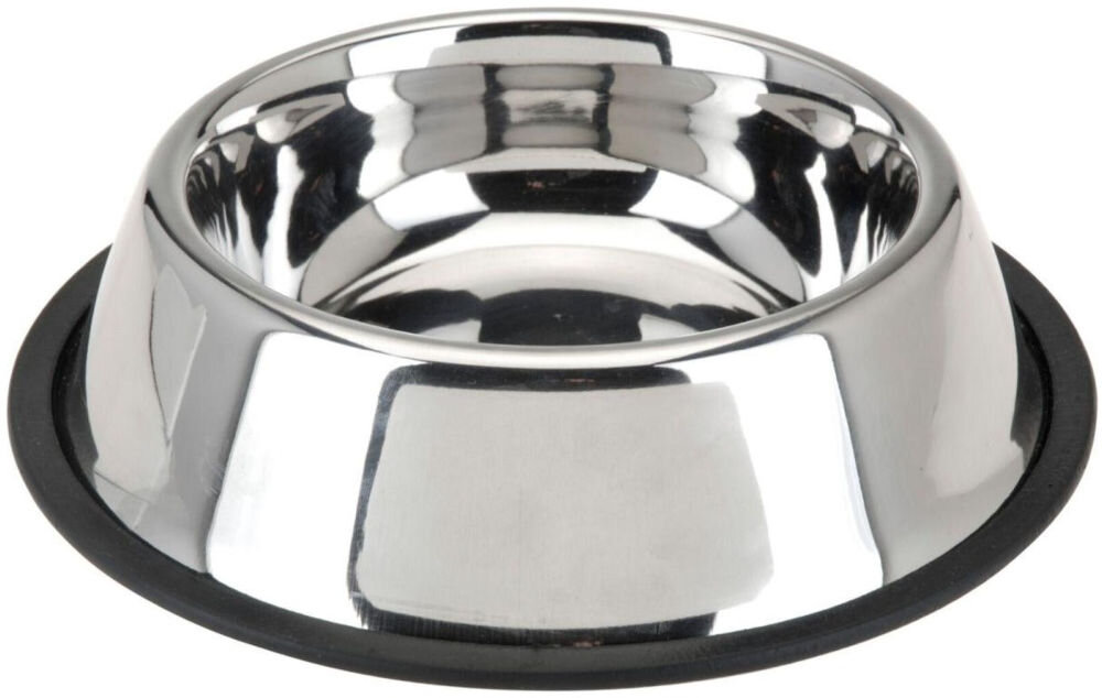Stalowa miska z kolekcji DOGS COLLECTION, ma błyszczącą powierzchnię i gumową podstawę