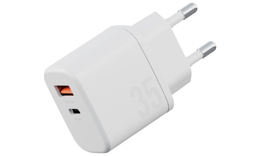 Ładowarka sieciowa ENERGEA Goport Velox Kit 35W Biały
                ładowarka na białym tle port USB-A funkcjonalność zasilanie dwóch urządzeń w tym samym czasie szeroka kompatybilność