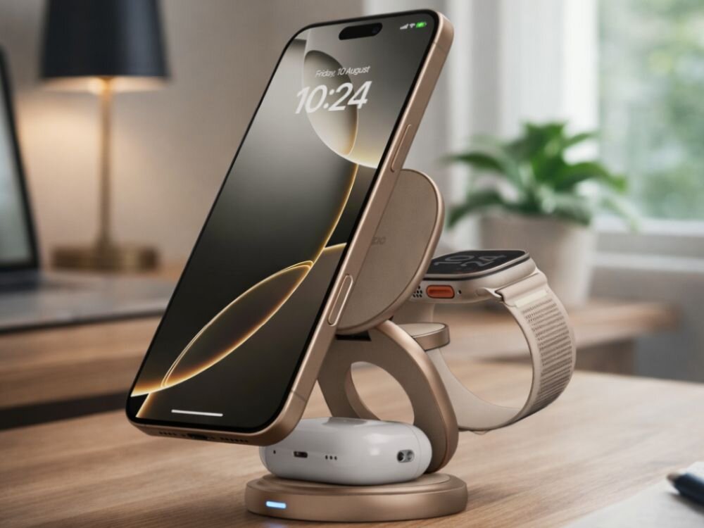 Ładowarka indukcyjna ENERGEA Bazic GoMax Gyre 3w1 15W Złoty
                ładowarka na stole w pokoju na niej telefon zegarek i słuchawki