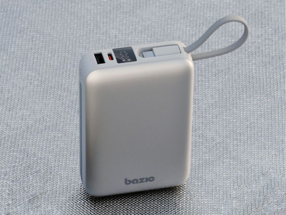 Powerbank ENERGEA Bazic Fusion Mini 20000mAh 20W Szary
                powerbank na szarym tle zintegrowane kable usb-c lightning smycz do przenoszenia