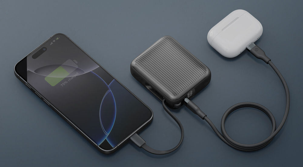 Powerbank ENERGEA Integra Mini 35 10000 mAh 35W Szary wymiary waga Wbudowany kabel USB-C bezpieczne ładowanie