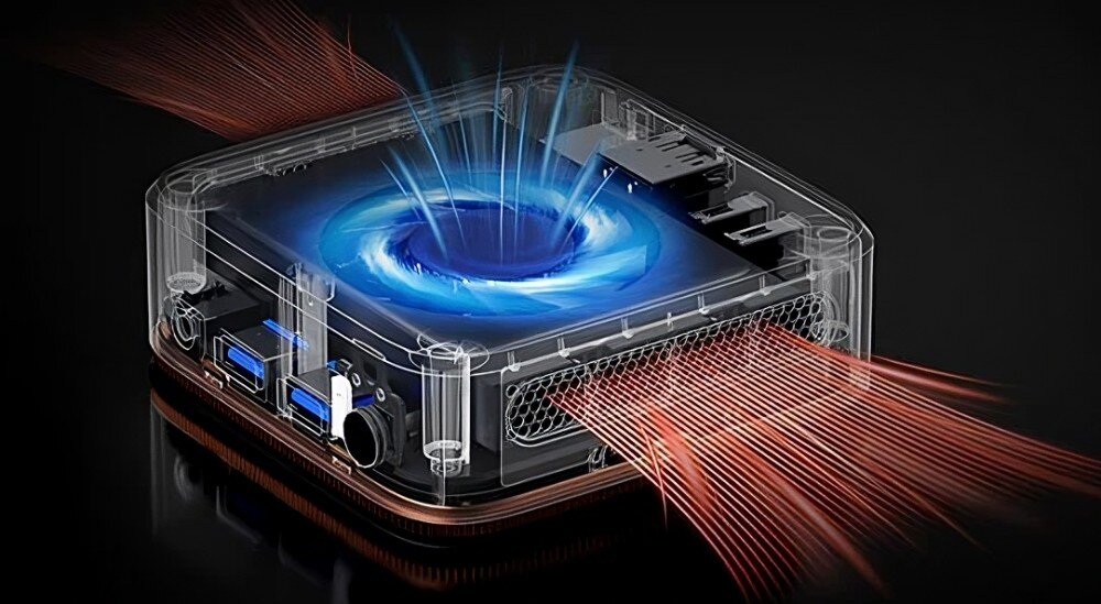 Komputer BLACKVIEW MP20 Przezroczysty model urządzenia z widocznym systemem chłodzenia, niebieskie światło symbolizuje wciągane powietrze, a czerwone linie pokazują jego wypływ z obudowy, system chłodzenia, temperatura