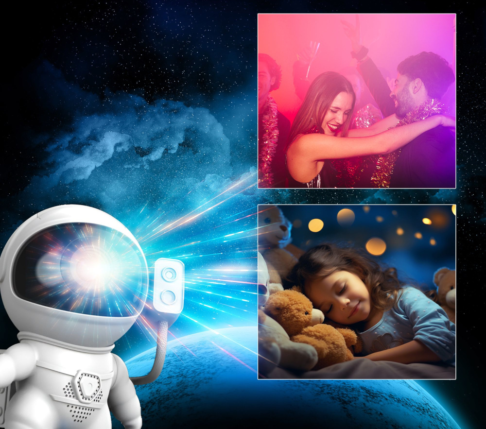 Projektor gwiazd EXTRALINK Home Astronauta Rakieta 07 projektor na tle nieba tańcząca para śpiące dziecko z lekkiego tworzywa sztucznego waga 0,35 kg zasilanie przez kabel USB-A/USB-C napięcie wejściowe 5 V = 1 A energooszczędny i bezpieczny w użytkowaniu