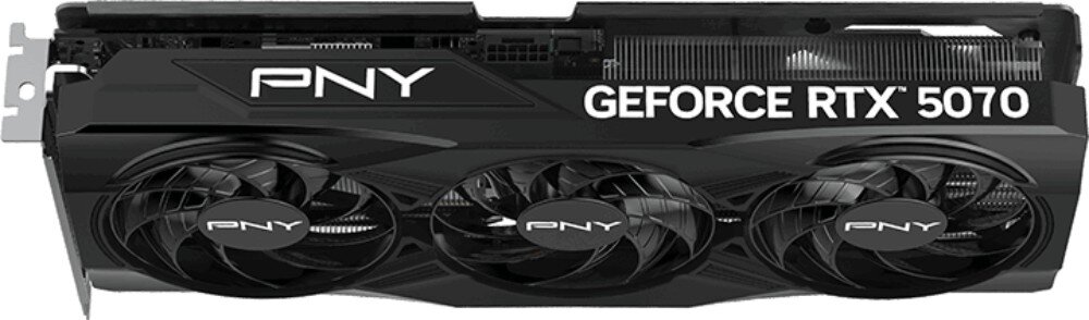 Karta graficzna PNY GeForce RTX 5070 Triple Fan 12GB Widok z góry na kartę graficzną z trzema wentylatorami i napisem 'GeForce RTX 5070' na obudowie, architektura, technologie