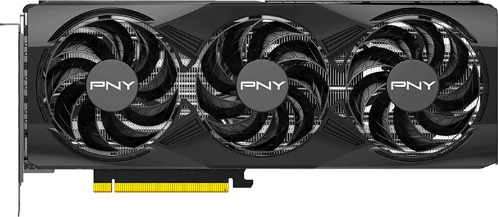 Karta graficzna PNY GeForce RTX 5070 Triple Fan 12GB Widok z przodu na kartę graficzną z trzema dużymi wentylatorami i logo 'PNY' umieszczonym na ich środku, chłodzenie, temperatura, wentylatory