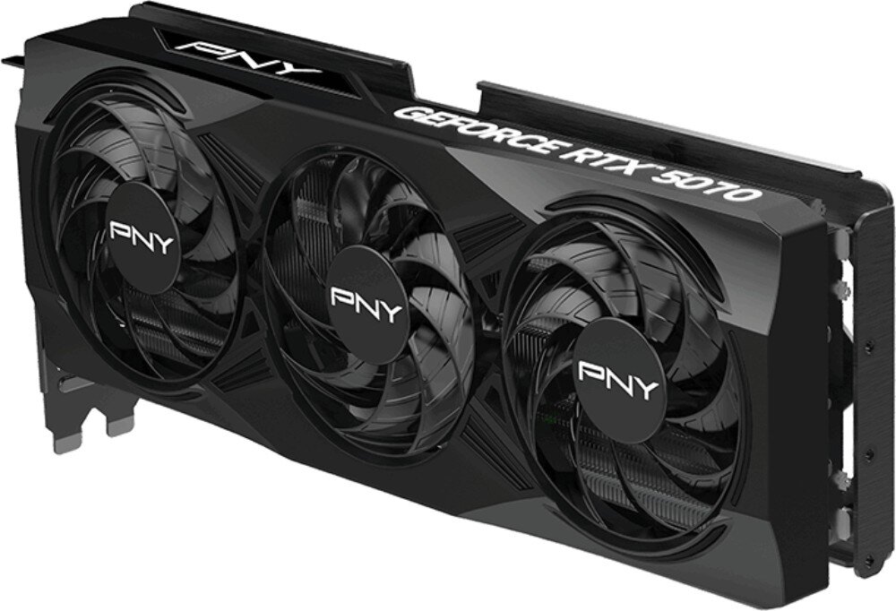 Karta graficzna PNY GeForce RTX 5070 Triple Fan 12GB Perspektywiczny widok karty graficznej z trzema wentylatorami i napisami 'PNY' oraz 'GeForce RTX 5070' na obudowie, parametry, pamięć, taktowanie, rdzenie CUDA, rozdzielczość