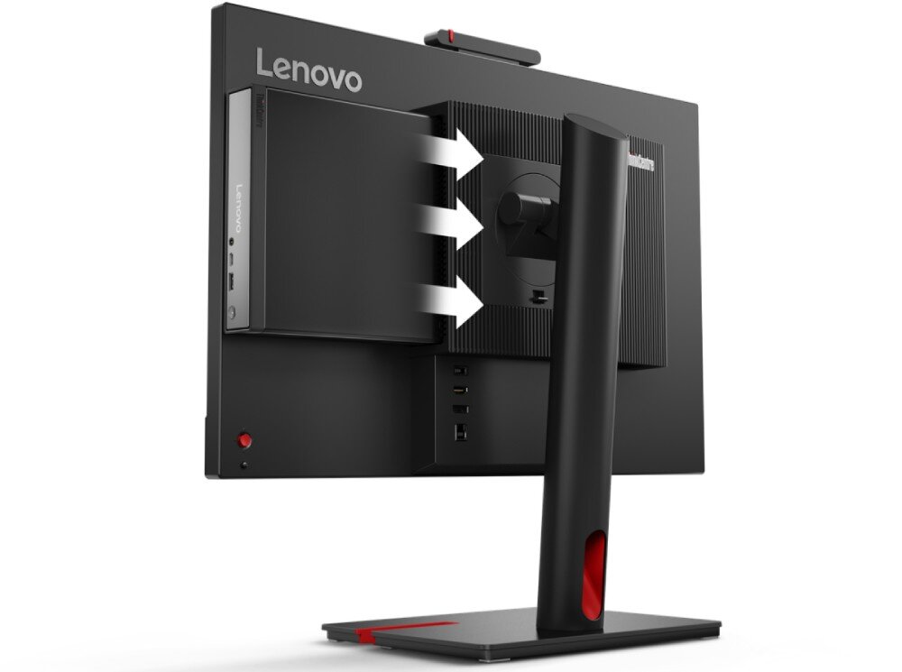 Obraz przedstawia tył monitora z zamontowanym komputerem Lenovo. Widoczne są trzy białe strzałki wskazujące na komputer oraz logo Lenovo na obudowie.