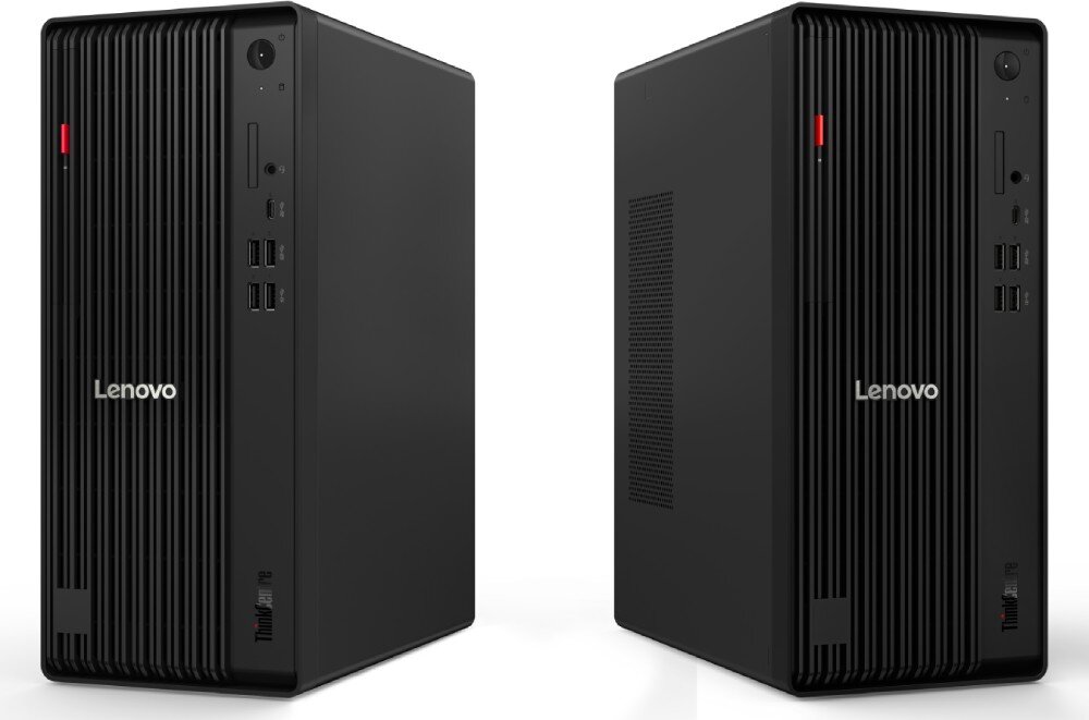 Komputer LENOVO ThinkCentre M70t Gen 6 Dwie czarne obudowy komputera stacjonarnego typu tower ustawione obok siebie, jedna skierowana w prawo, druga w lewo, obie pokazujące przedni panel z pionowym użebrowaniem, logiem i portami, opis