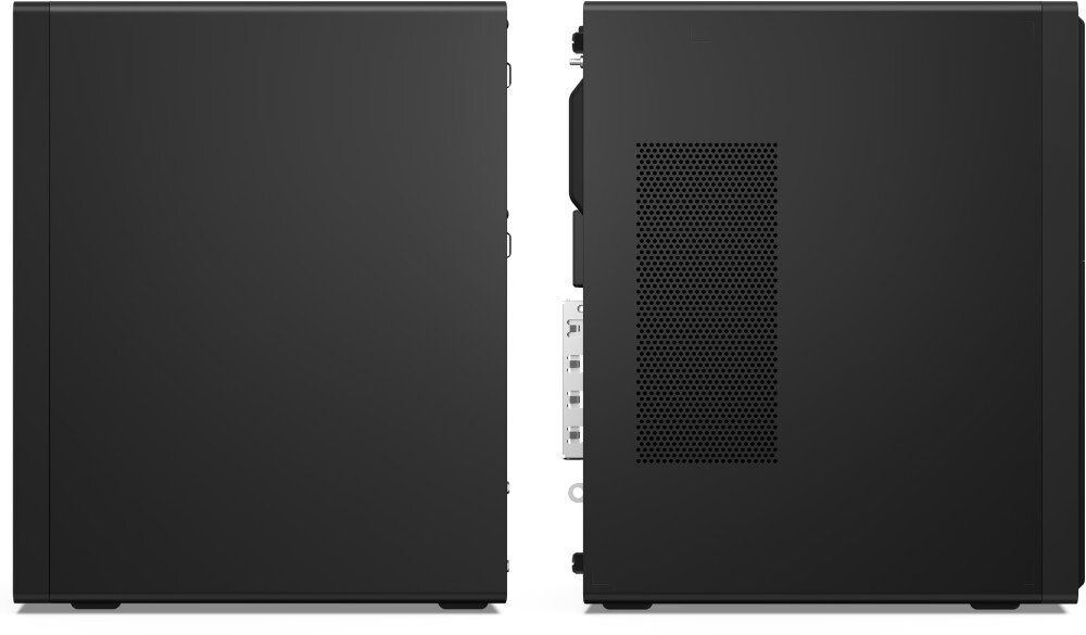 Komputer LENOVO ThinkCentre M70t Gen 6 Dwa widoki czarnej obudowy komputera tower na szarym tle, lewy pokazuje czysty panel boczny, prawy pokazuje perforowany panel boczny i fragment tyłu, pamięć RAM, taktowanie, rozbudowa