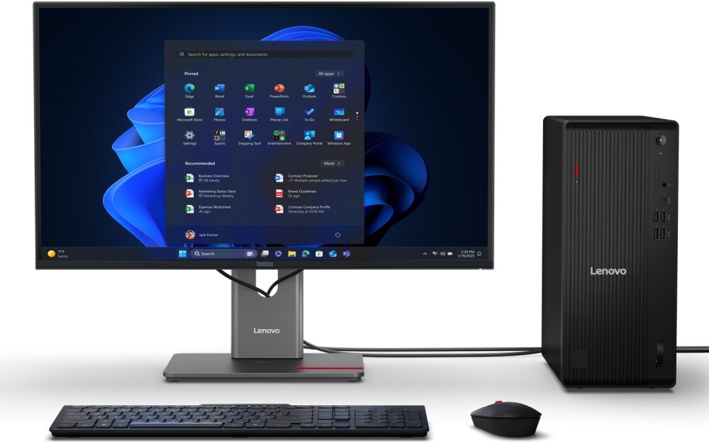 Komputer LENOVO ThinkCentre M70t Gen 6 Zestaw komputerowy widoczny od przodu, centralnie monitor, po lewej czarna obudowa tower, przed monitorem czarna klawiatura i czarna mysz, dysk, pojemność, nagrywarka DVD